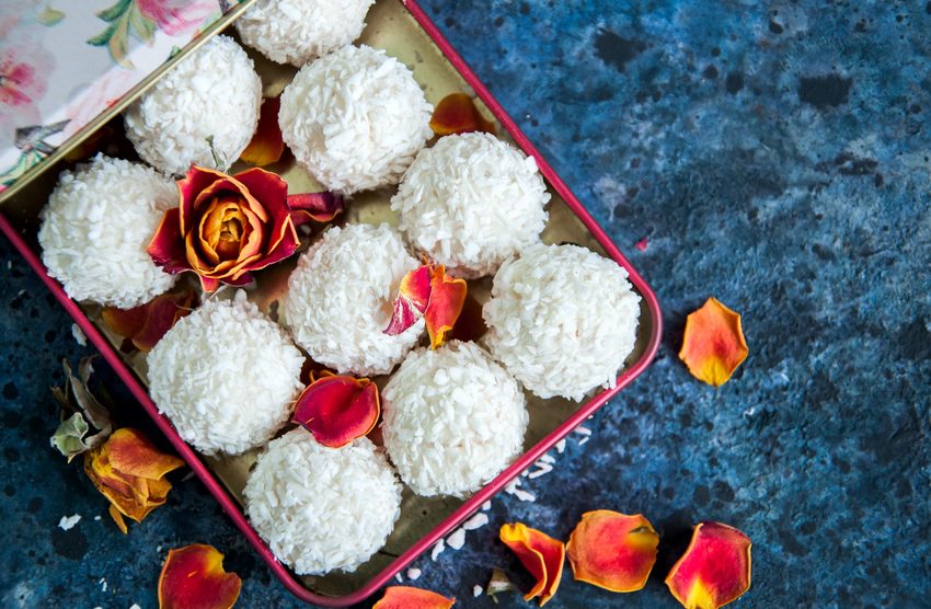 White chocolate truffles covered with coconut shavings